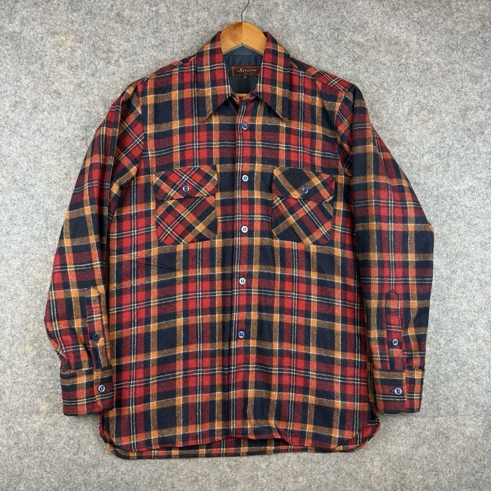 VTG Arrow Loop Collar Shirt Mens Small Red Plaid Wool Nylon Flannel 80s Grunge